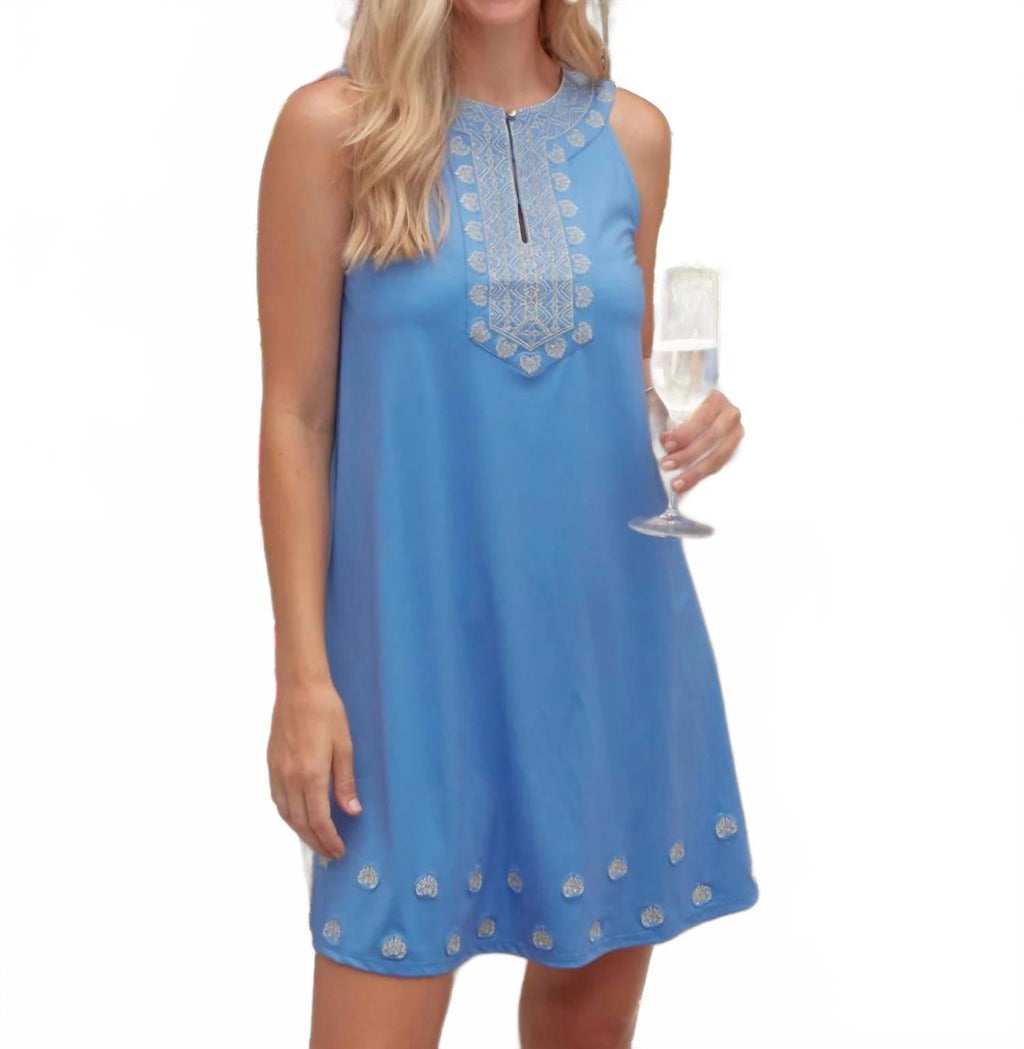 Metallic Embroidered Halter Dress In Ultramarine