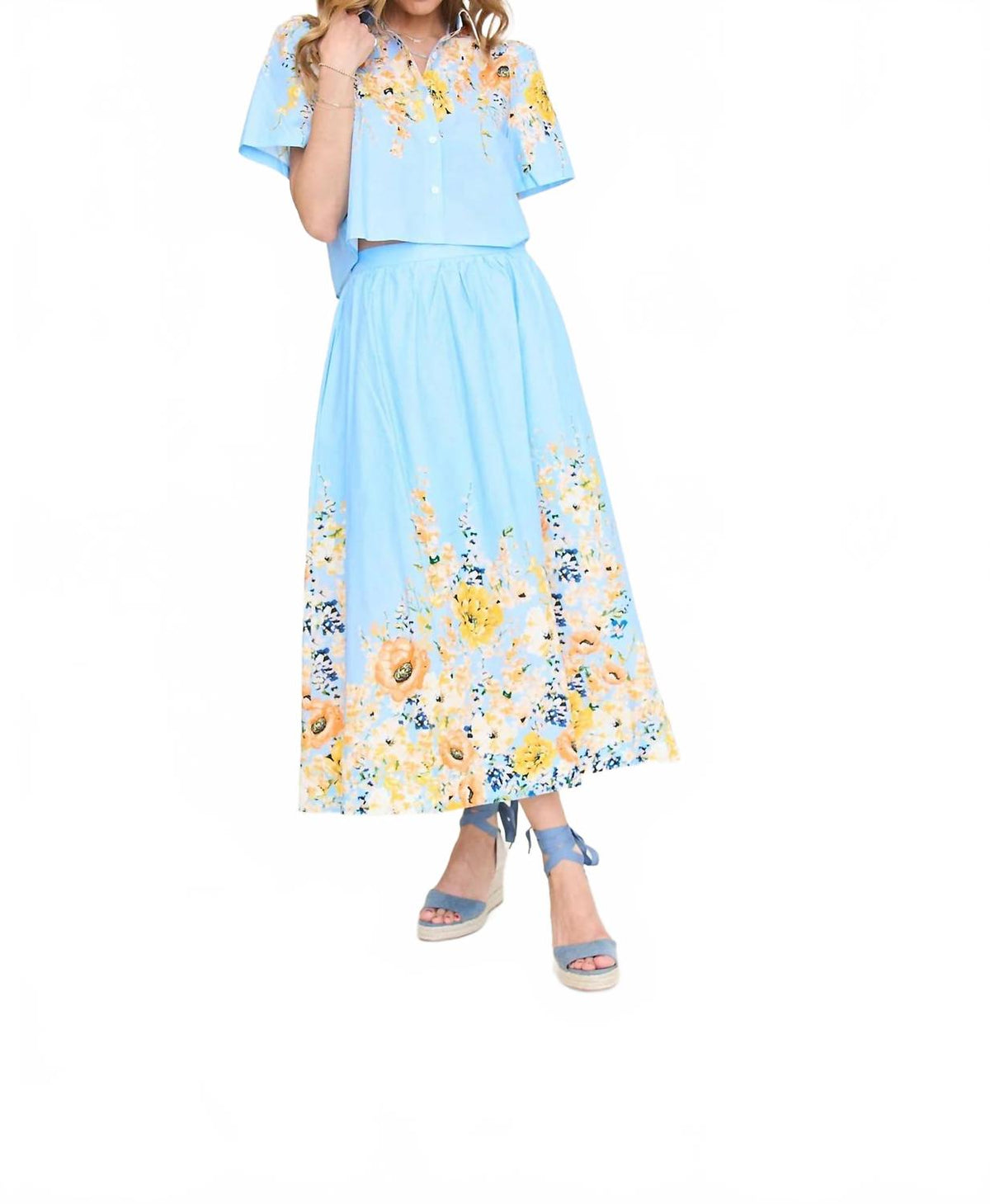 Summer Florals Midi Skirt Set In Blue Multi