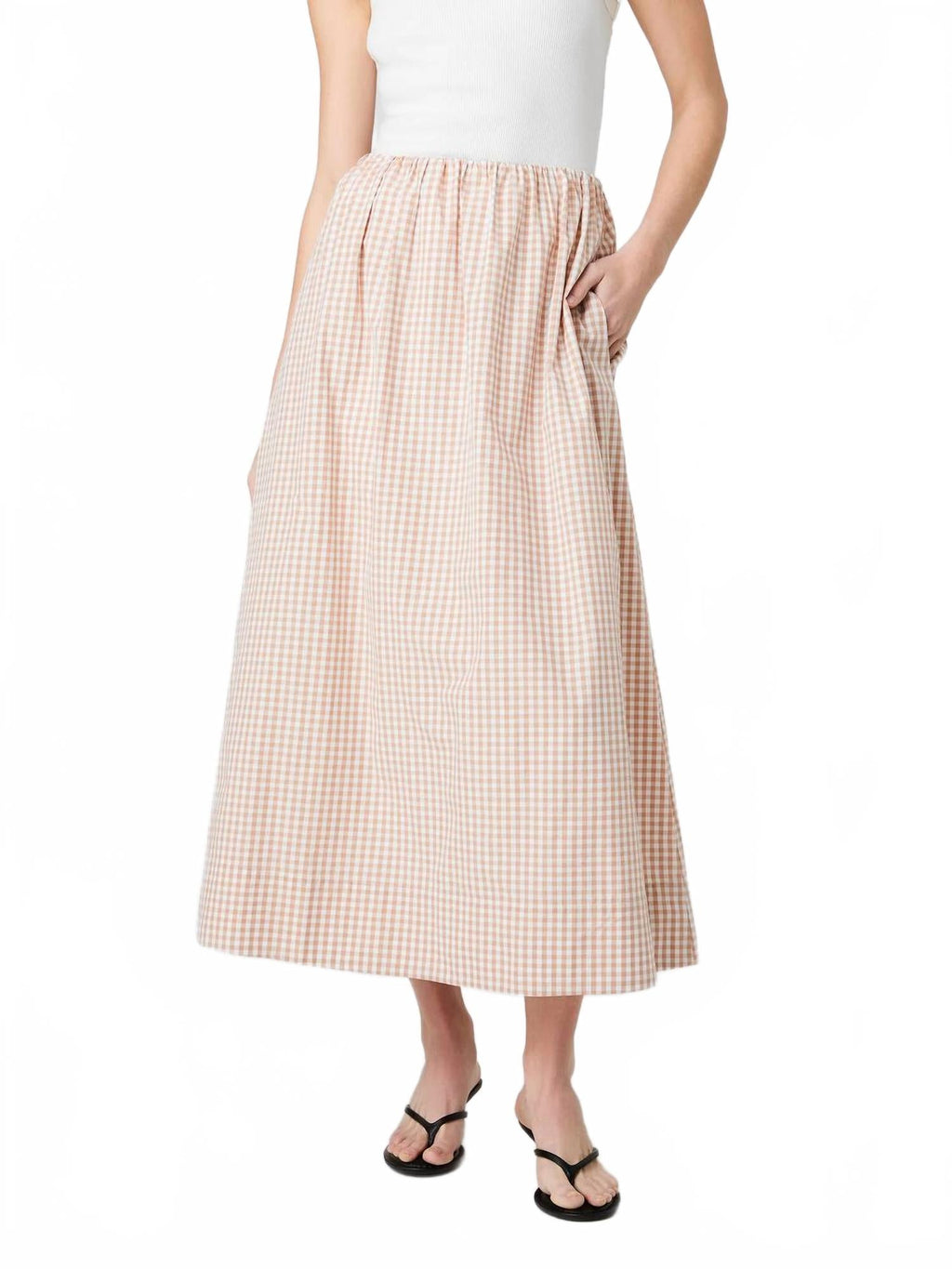 Gingham Ruched Skirt - Petite In Ginger Almond Nude