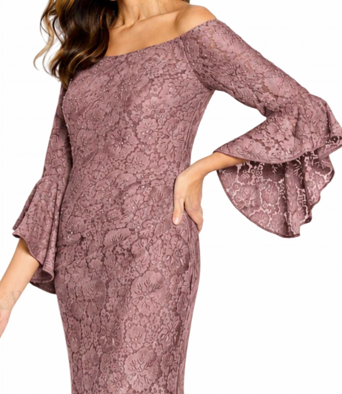 Bell Sleeve Lace Evening Gown In Rose