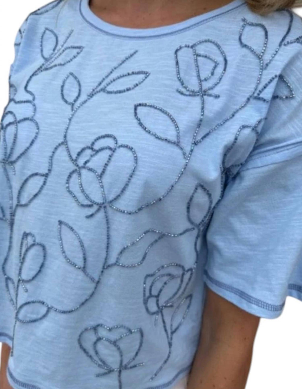 Beaded Floral Applique Slub Tee In Light Blue