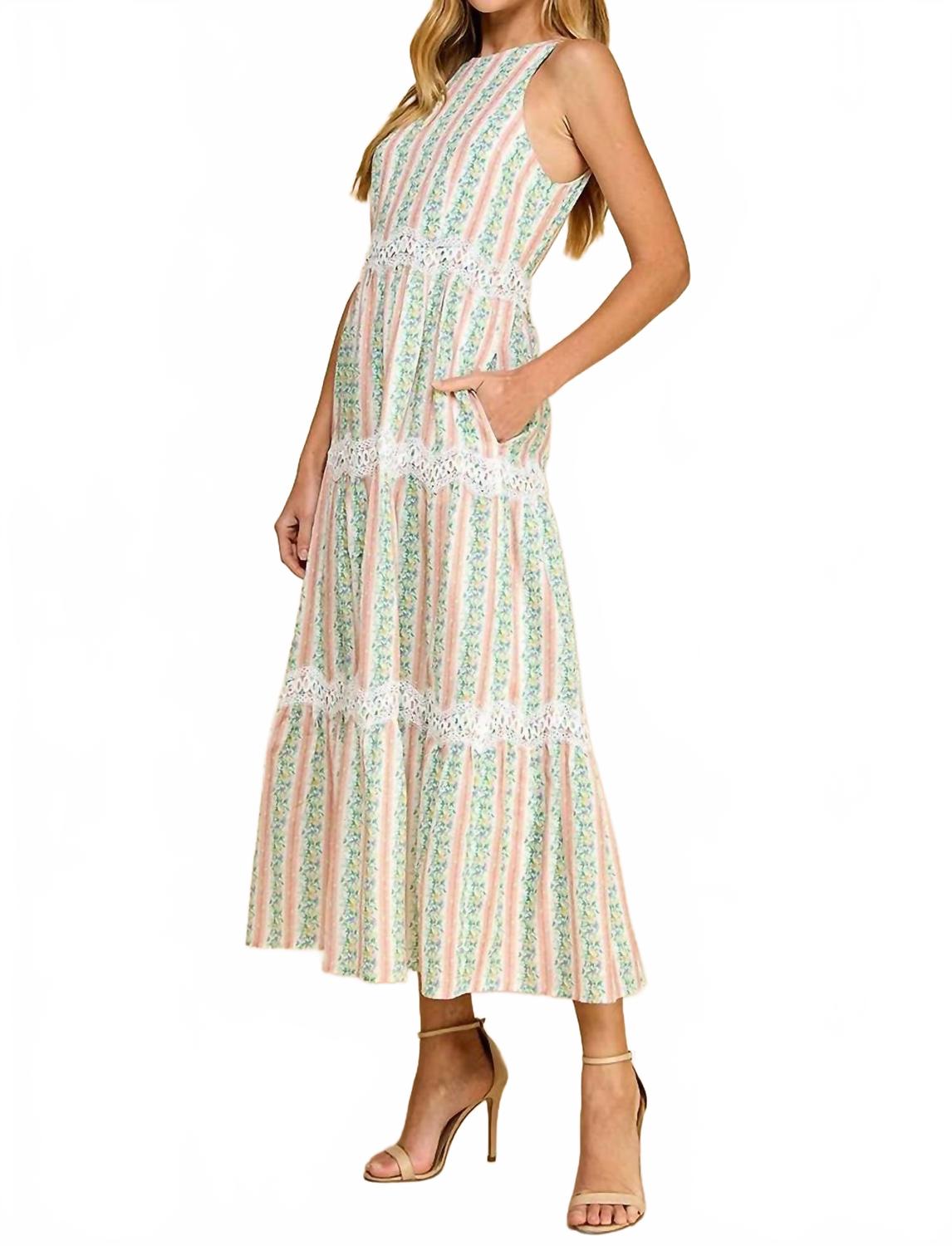 Floral Stripe Scallop Lace Midi Dress In Peach