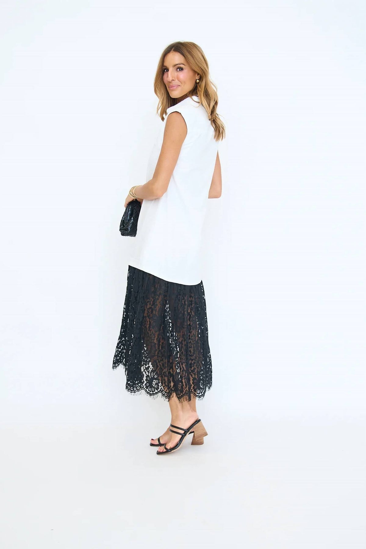 Lace Trim Midi Shirt Dress In White