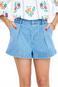 Pleated High Waist Denim Shorts In Blue