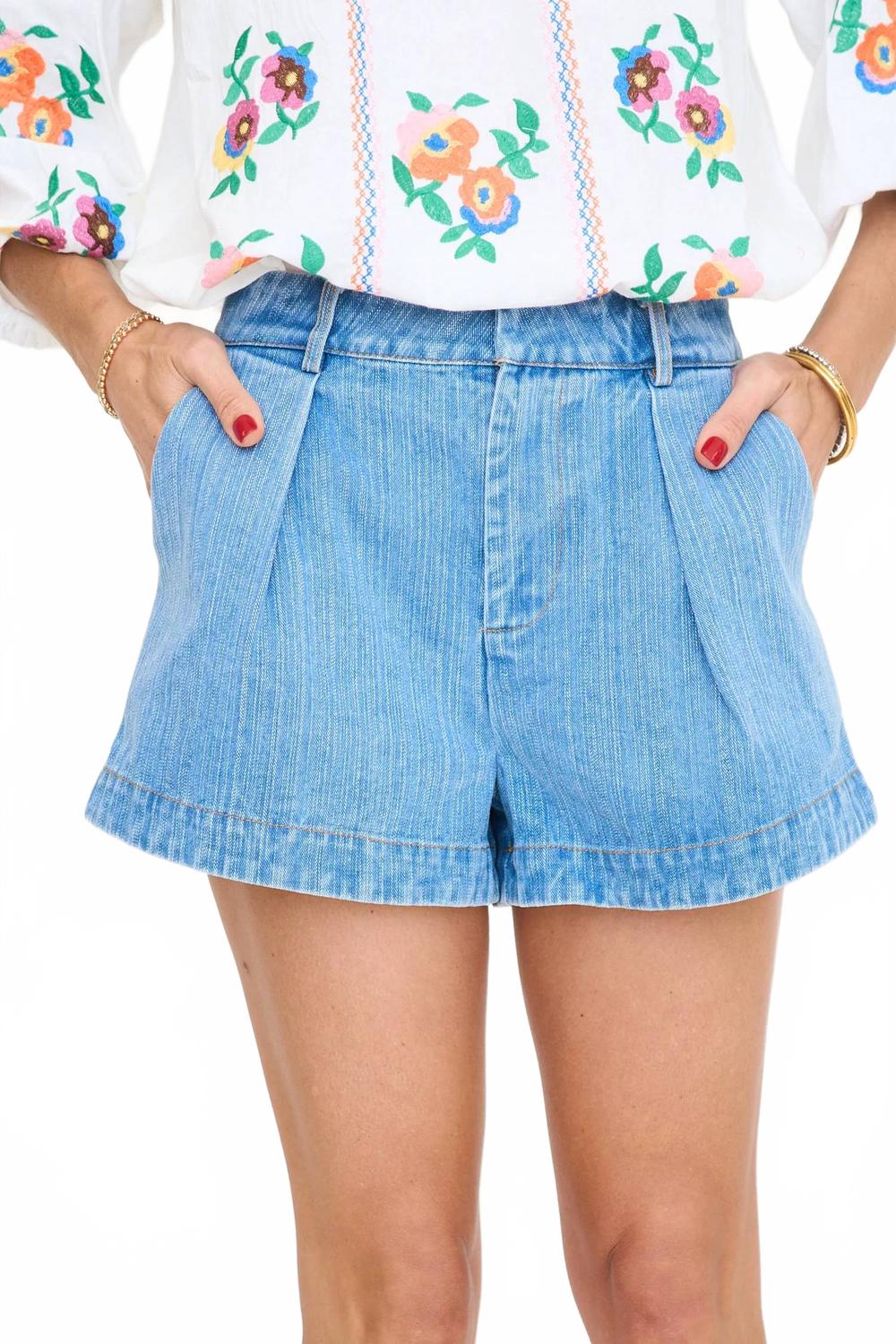 Pleated High Waist Denim Shorts In Blue