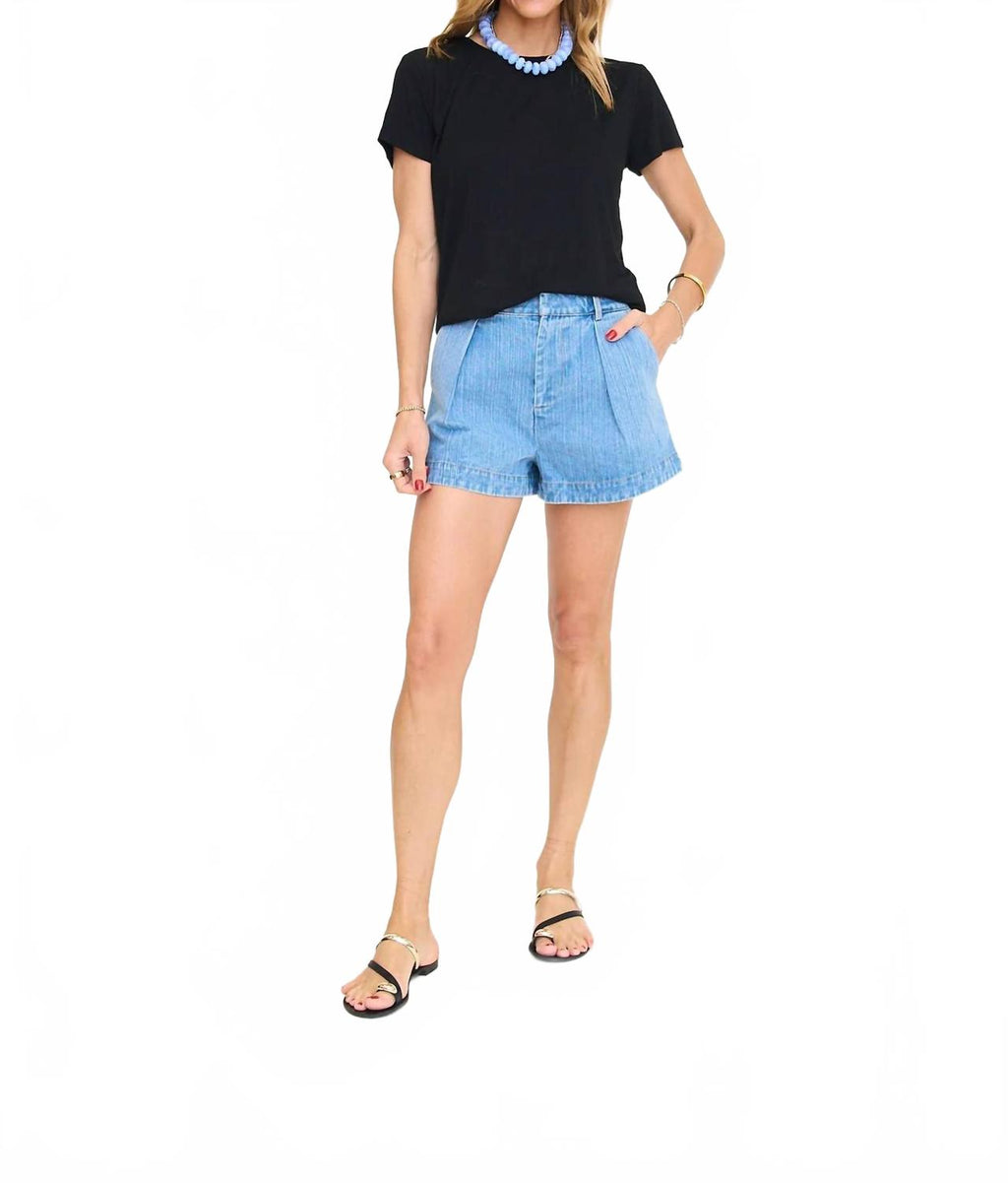 Pleated High Waist Denim Shorts In Blue