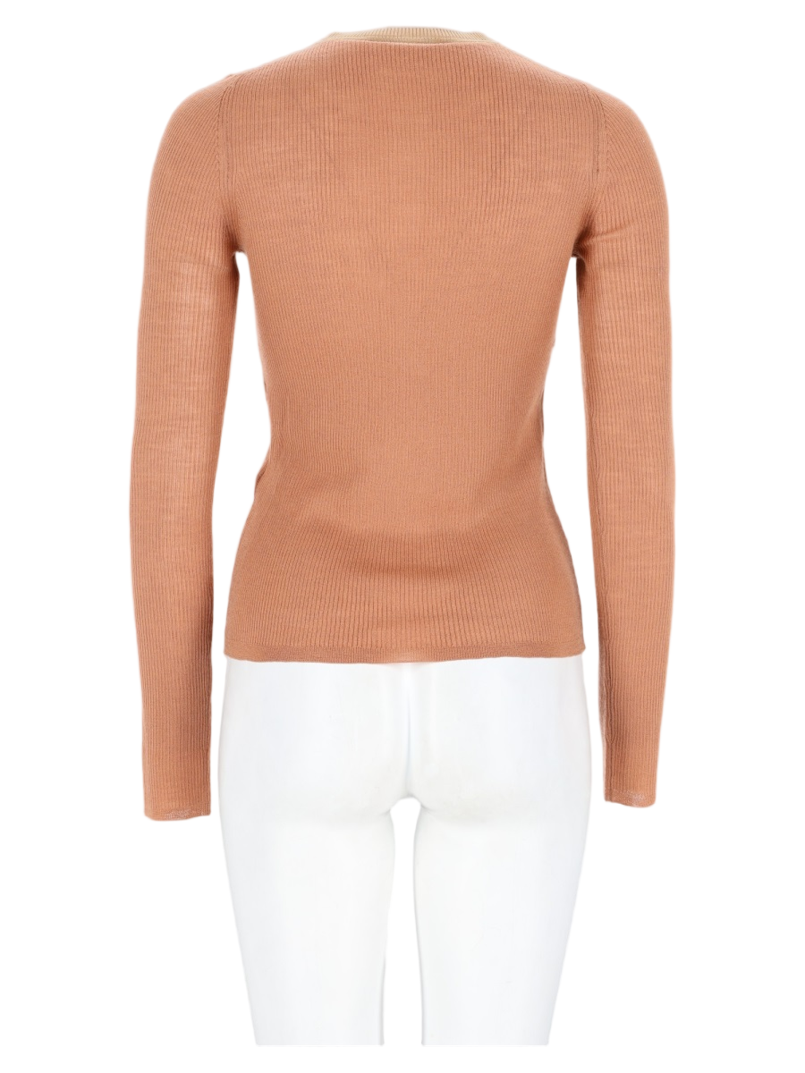 Pink Ribbed Knit Long-Sleeve Wool T-Shirt
