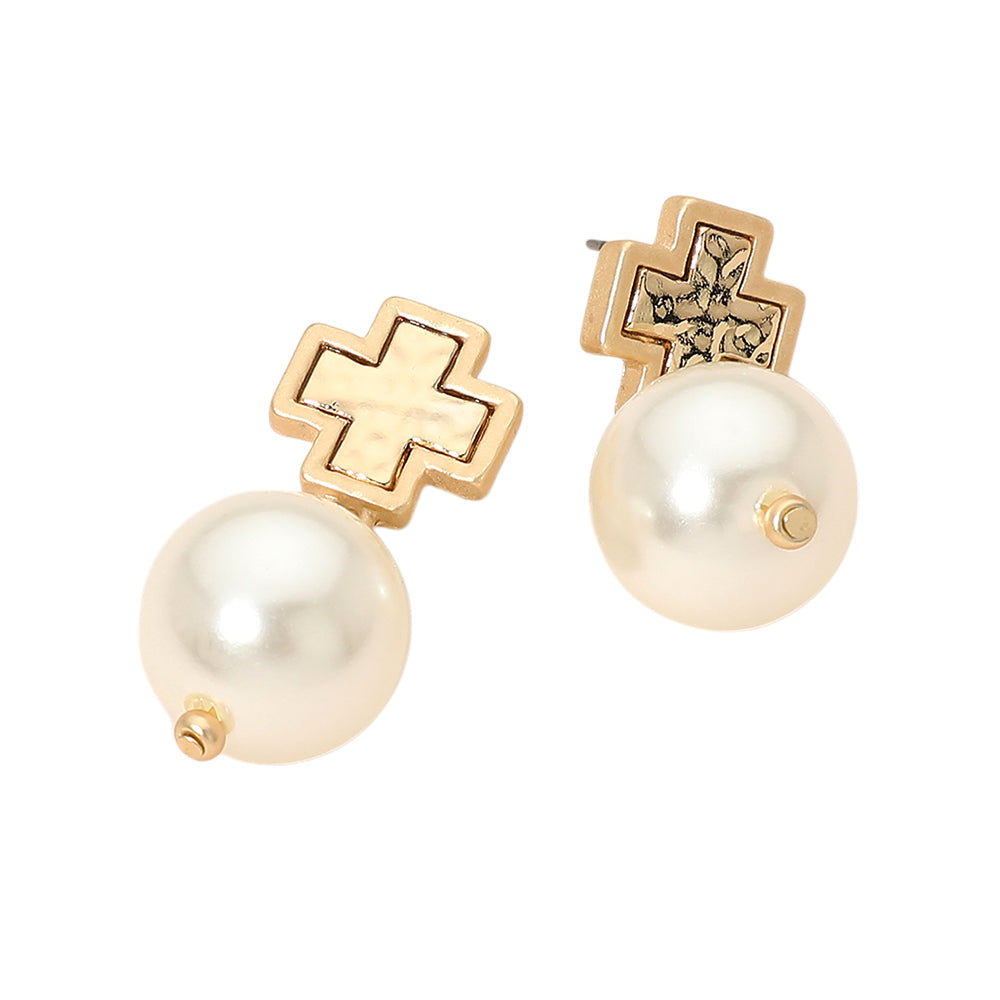 Hammered Metal Cross Pearl Drop Earrings