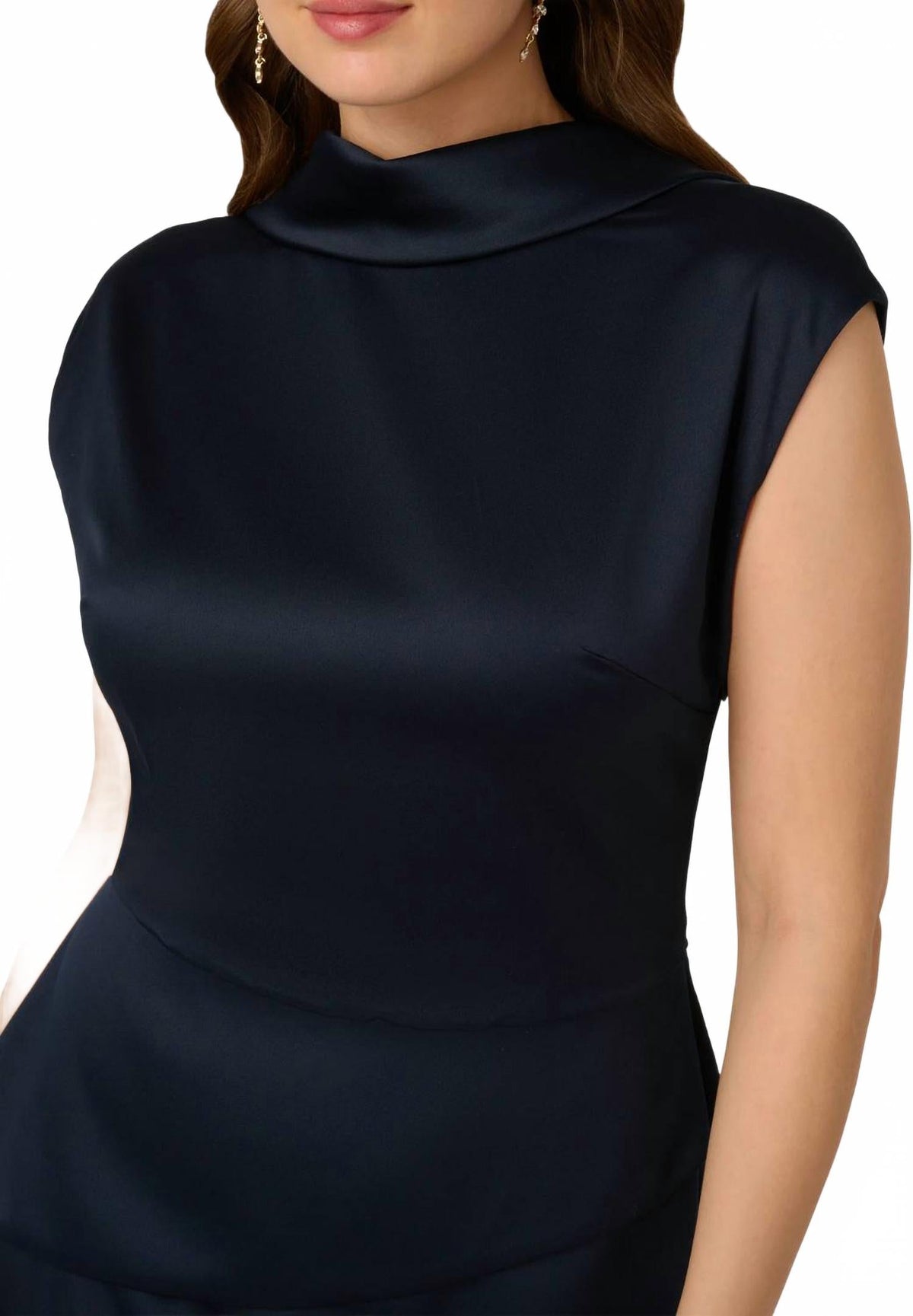 High-Neck Floor-Length Satin Formal Sheath Dress In Dark Navy