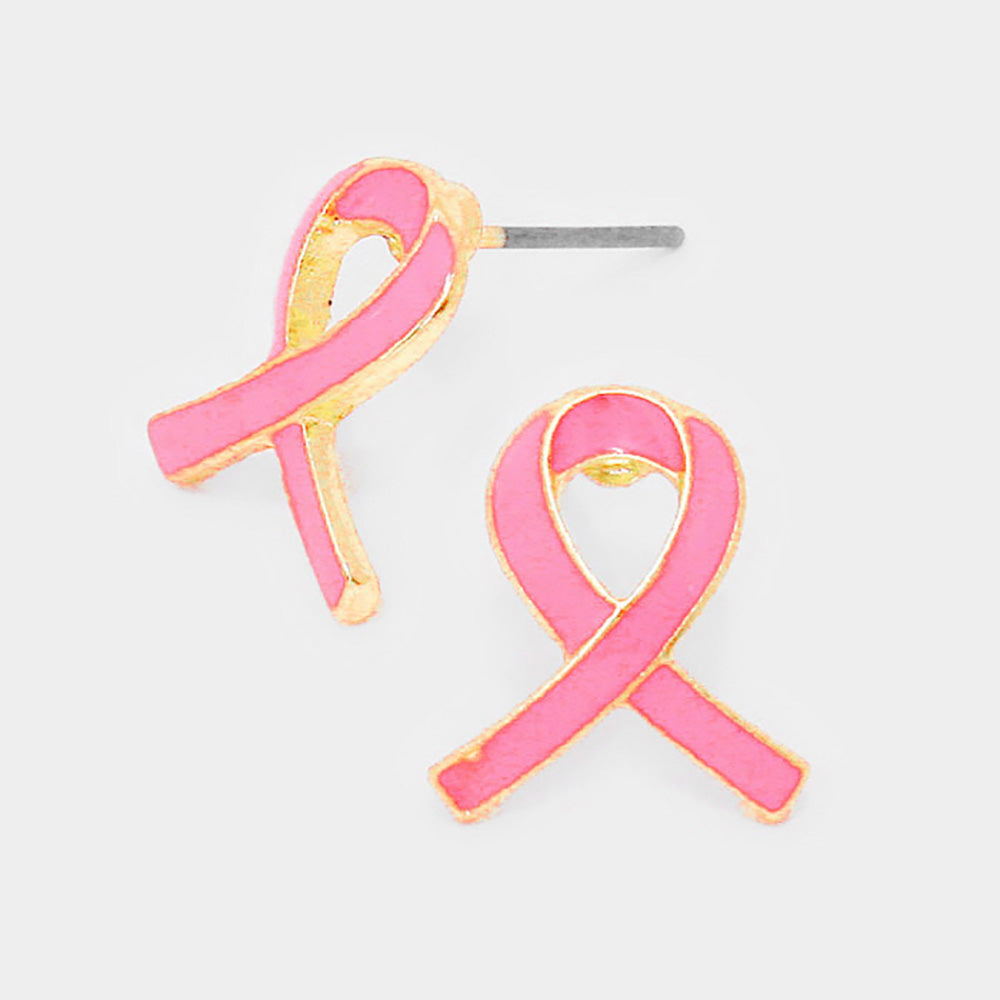 Enamel Pink Ribbon Symbol Stud Earrings