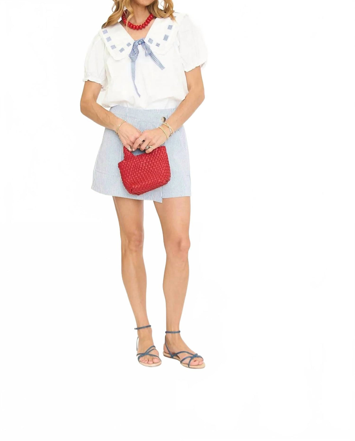 Miriam Gingham Sailor Top In White