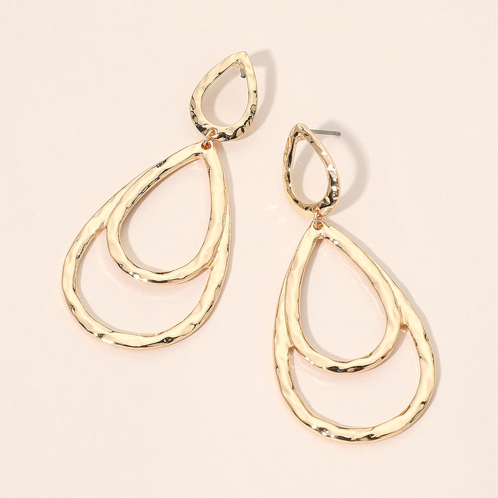 Hammered Metal Layerd Double Open Teardrop Earrings