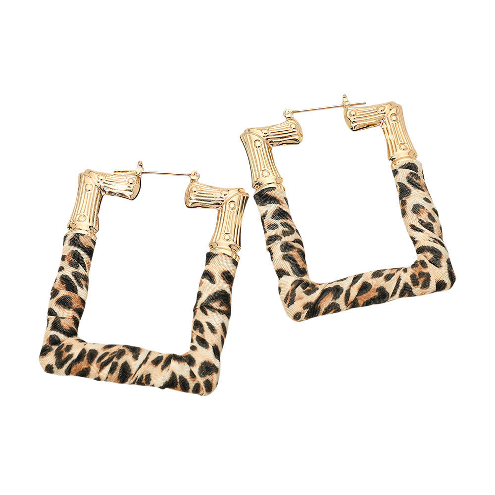 Bold Textured Leopard Print Fabric Wrapped Rectangular Pin Catch Statement Hoop Earrings