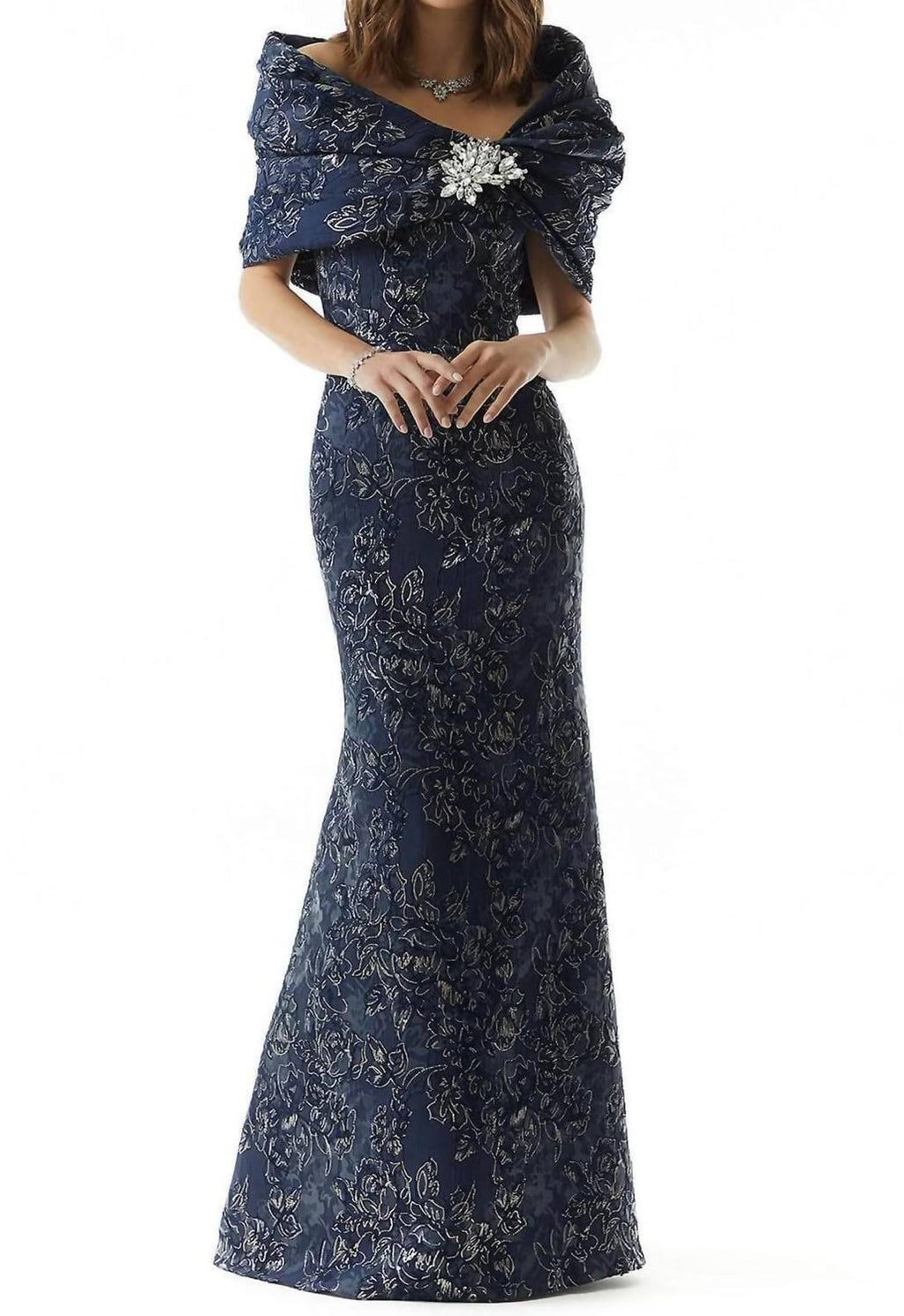 Metallic Mermaid Evening Maxi Dress In Navy Gold
