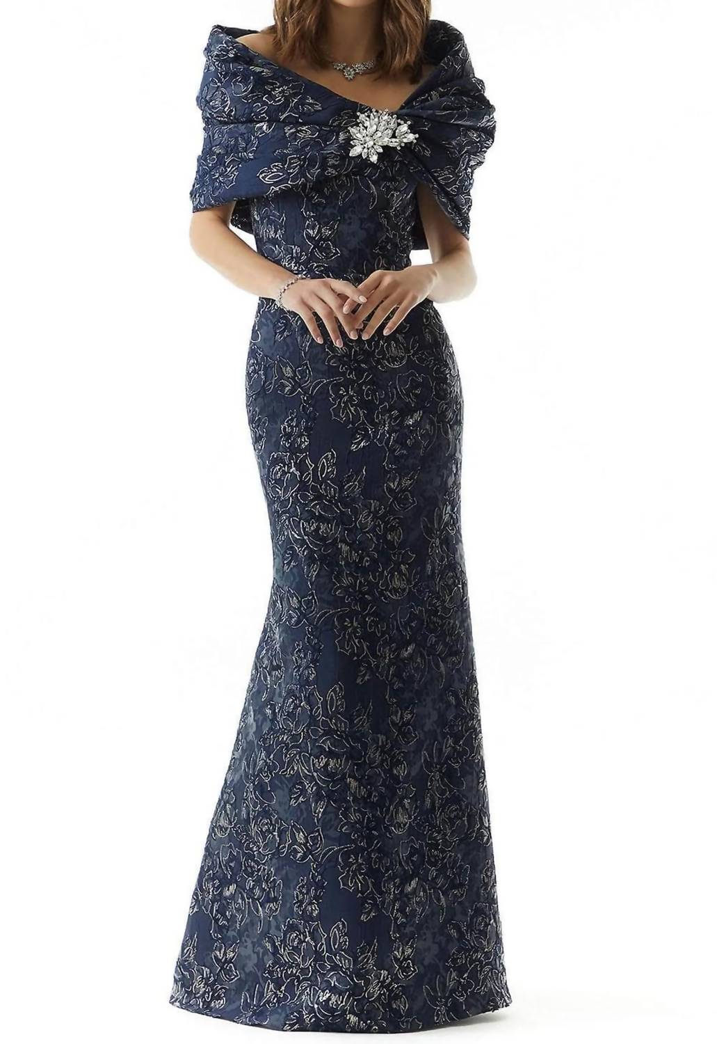 Metallic Mermaid Evening Maxi Dress In Navy Gold