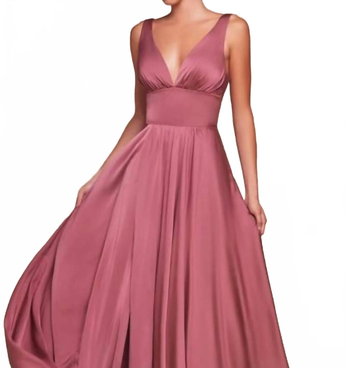 V-Neck Wide Waistband Evening Maxi Dress In Mauve Rose