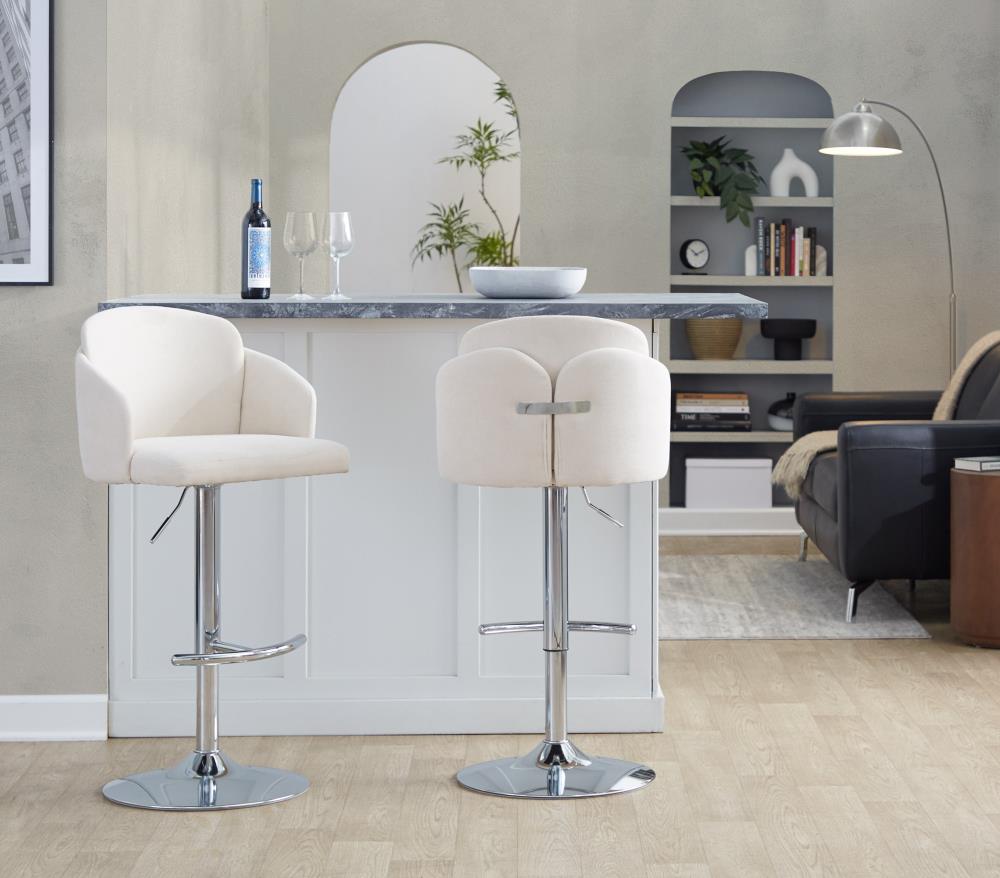 Set of 2 Modern Adjustable Bar Stools with Fabric Upholstery and Round Metal Footrests