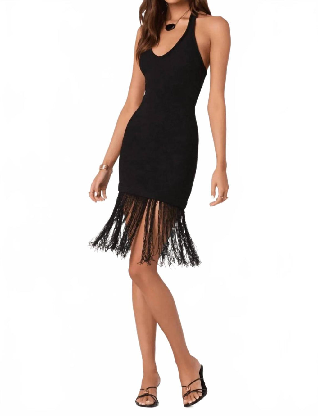 Kate Fringe Hem V Neck Sweater Dress In Black