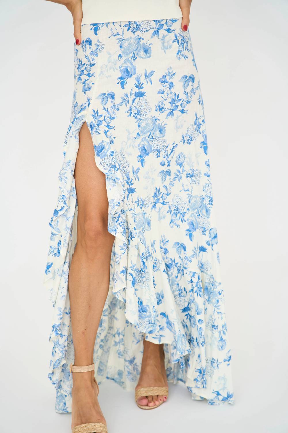 Jodie Ruffle Maxi Skirt In Blue/ White