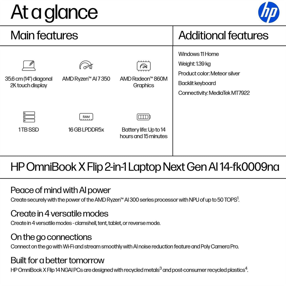 HP Omnibook X Flip 14 Inch 2 In 1 Laptop   Amd Ryzen Ai 7 350 16gb 1tb Ssd
