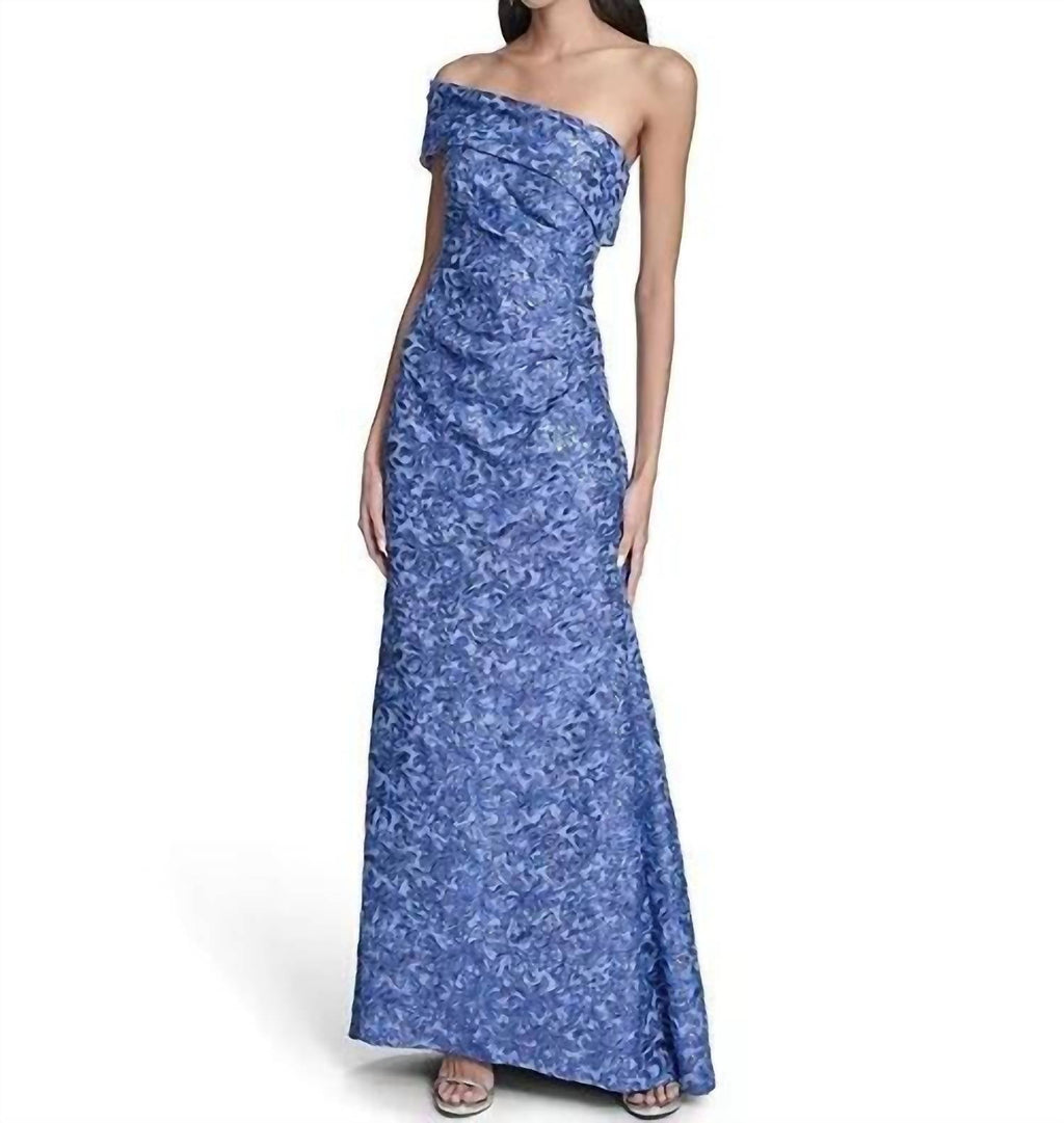 One-Shoulder Side Tucks Long Dress In Blue