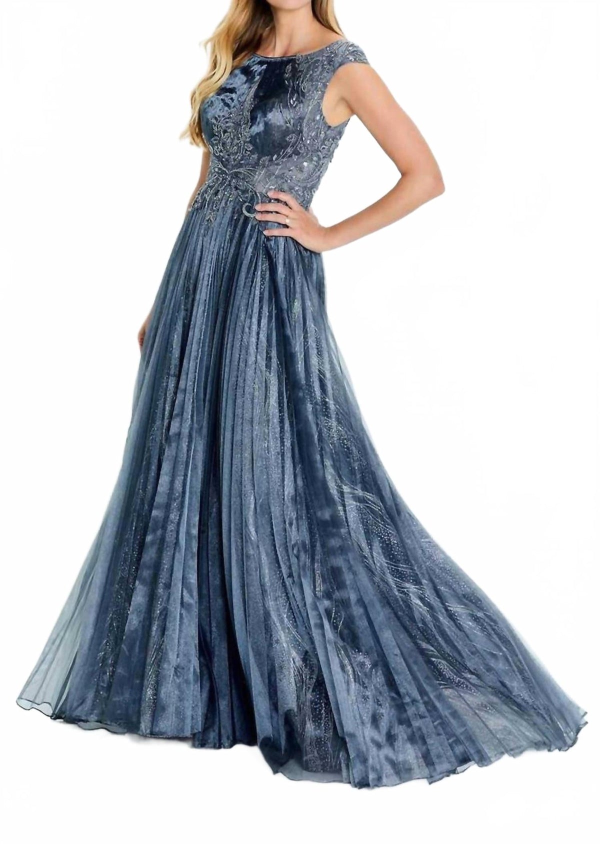 Lace A-Line Long Mother Of The Groom Maxi Dress In Slate Blue