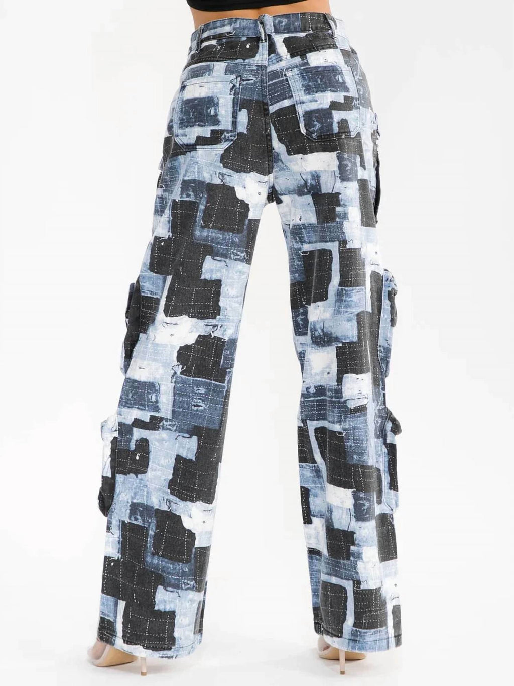 Mosaic Muse Patchwork Print Wide Leg Cargo Jeans In Blue