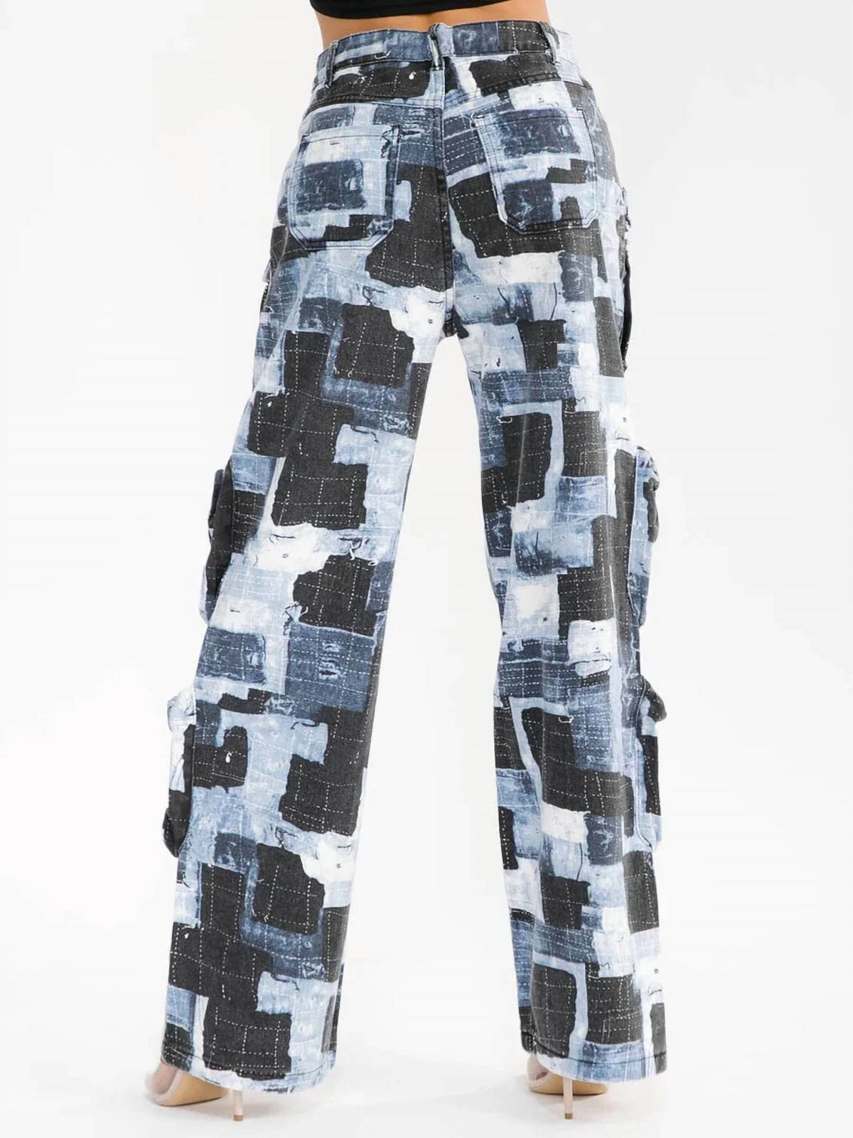 Mosaic Muse Patchwork Print Wide Leg Cargo Jeans In Blue