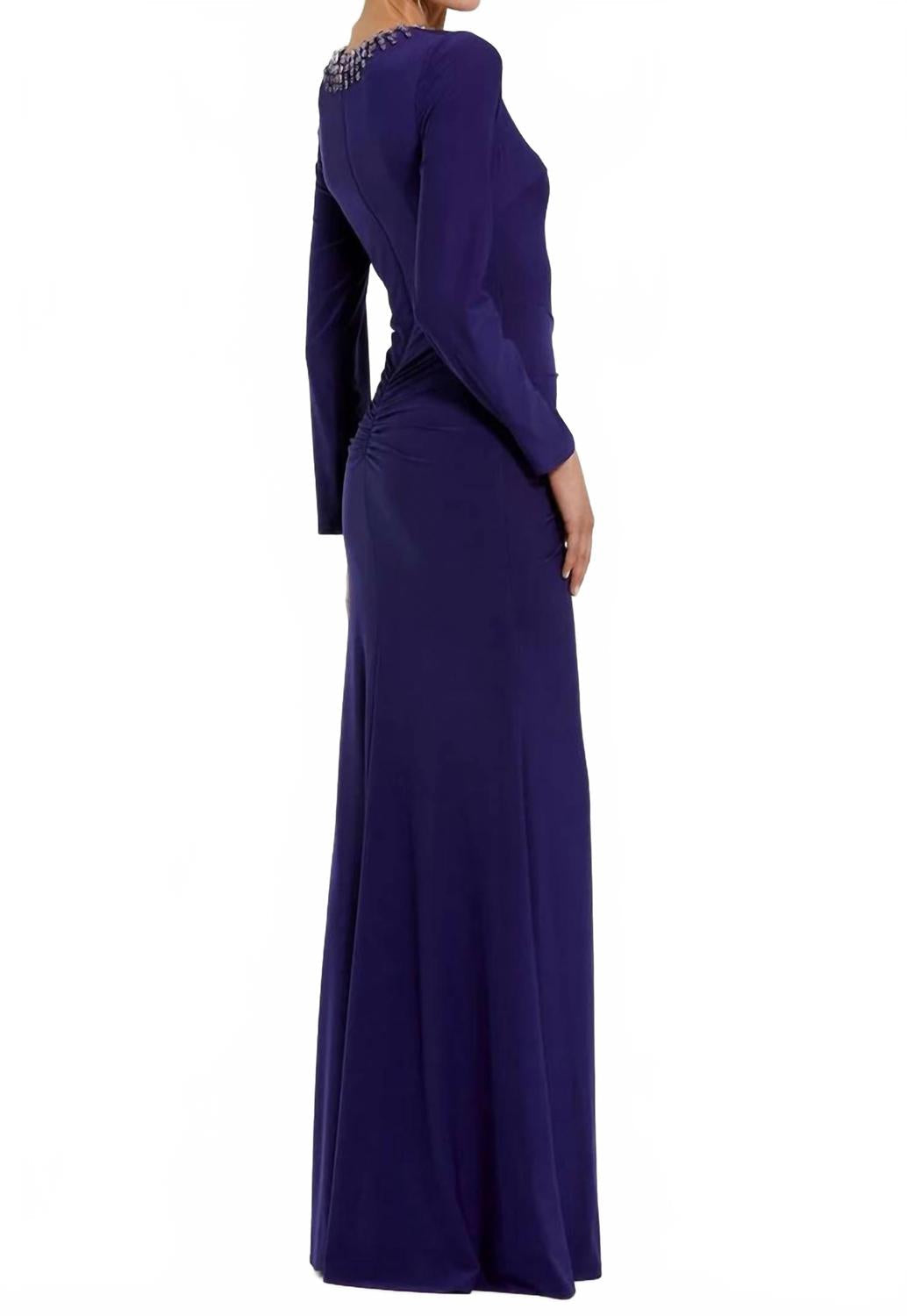 Beaded Trim Jewel Neckline Formal Gown In Indigo