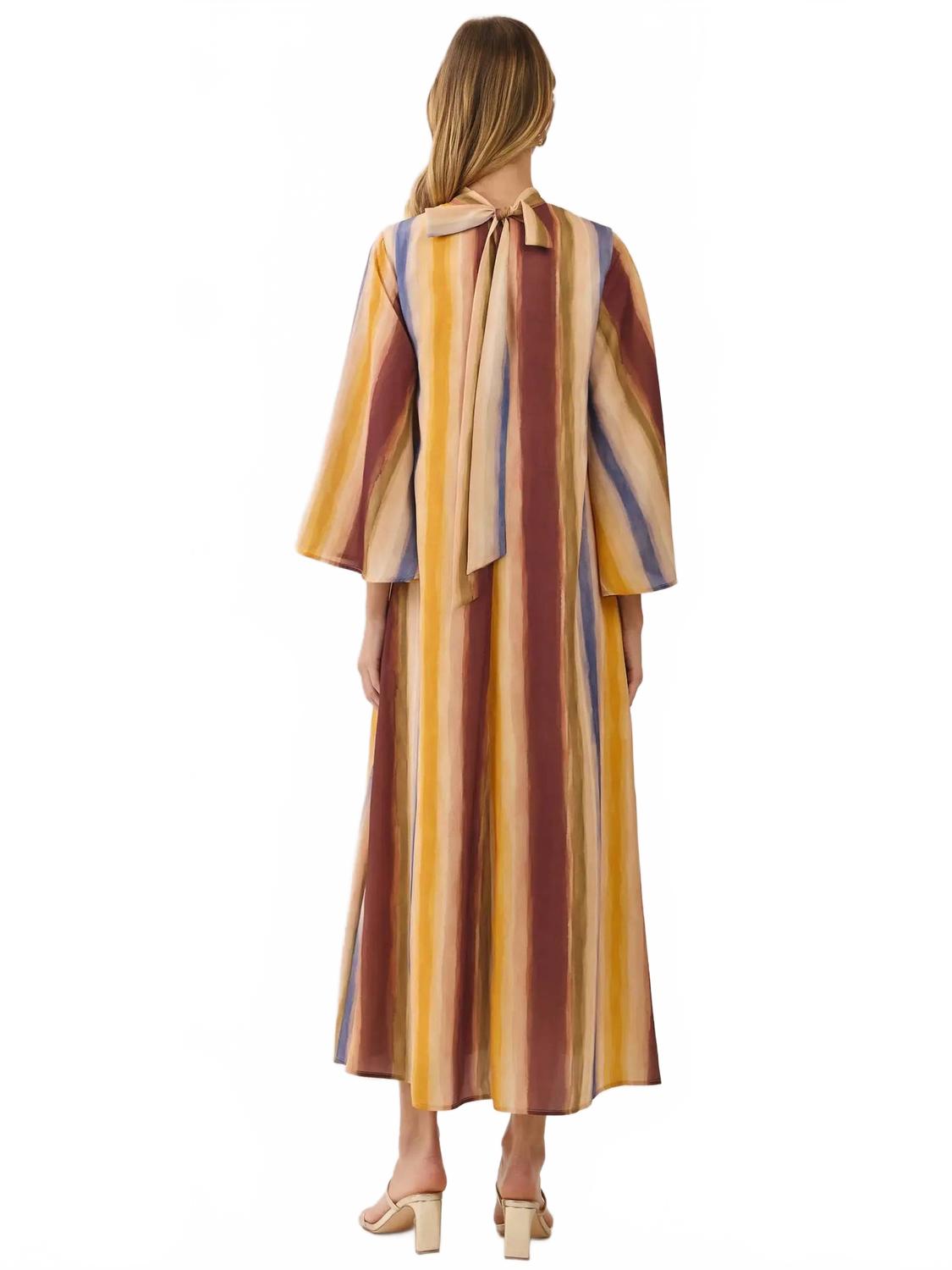 Watercolor Striped Tie Neck Maxi Dress In Multicolor