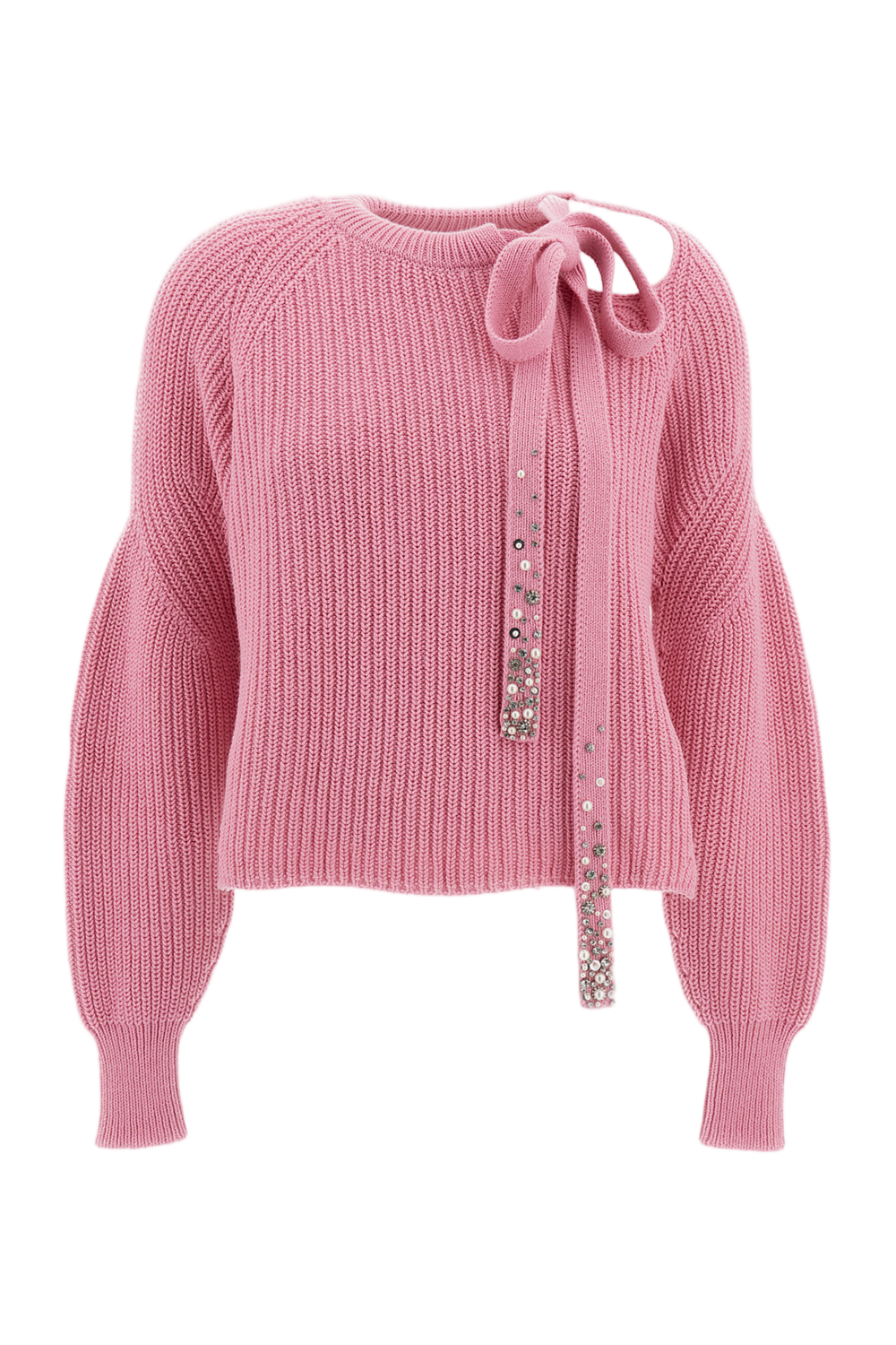 Pink Cropped Pearl Crystal Wool-Cashmere Sweater