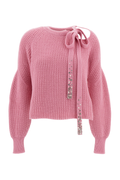 Pink Cropped Pearl Crystal Wool-Cashmere Sweater