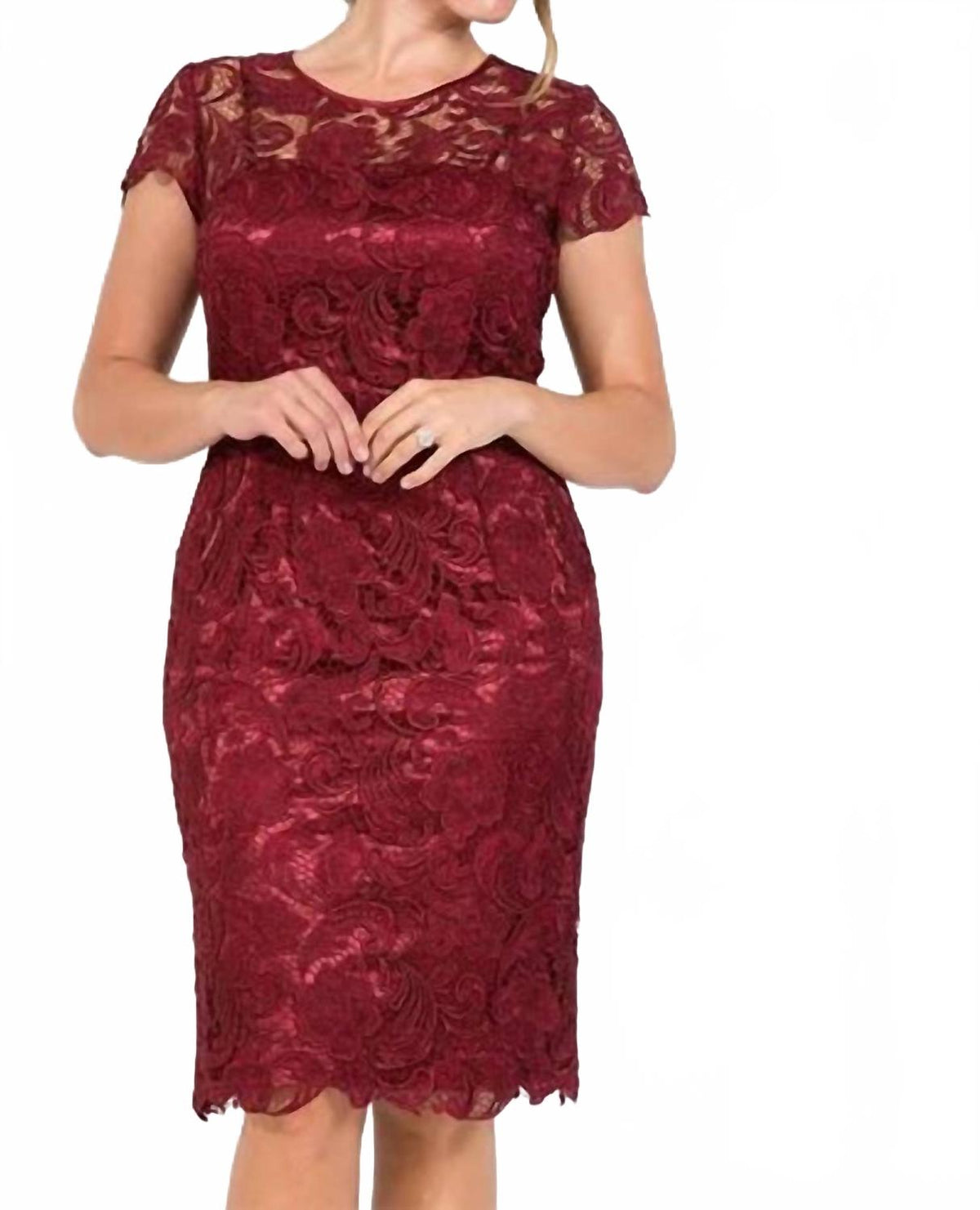 Jewel Scalloped Lace Cocktail Midi Dress - Plus In Burgundy
