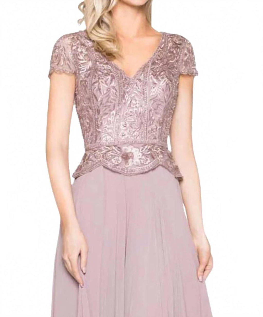 Embroidered Peplum Formal Gown In Mauve
