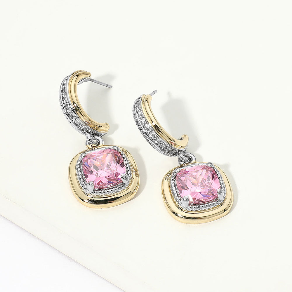 14K Gold Plated Cushion Cut CZ Drop Hoop Earrings