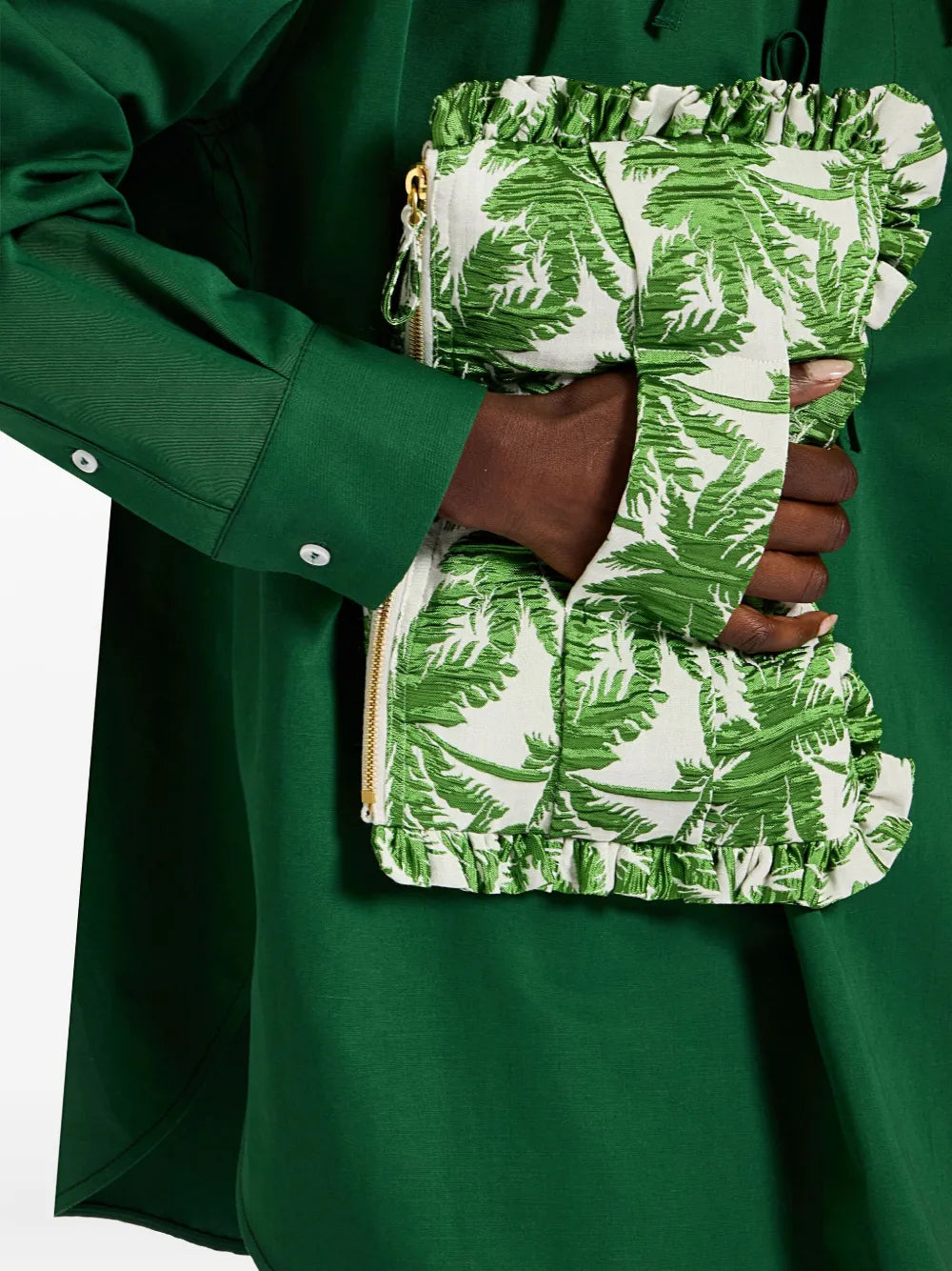 La DoubleJruffled palm-print clutch bag
