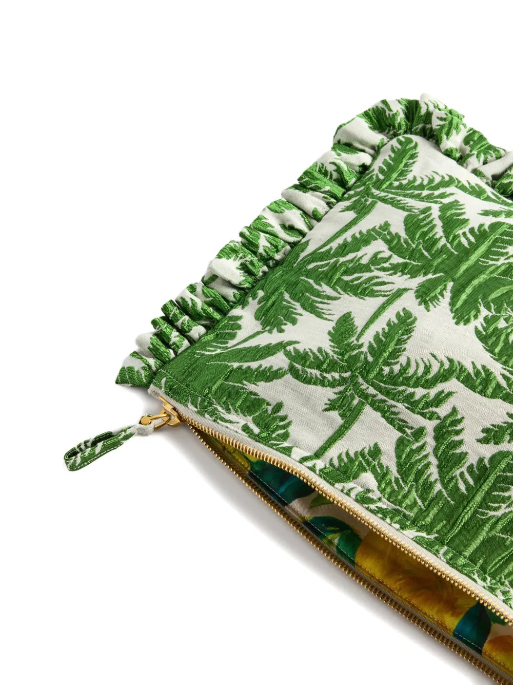 La DoubleJruffled palm-print clutch bag