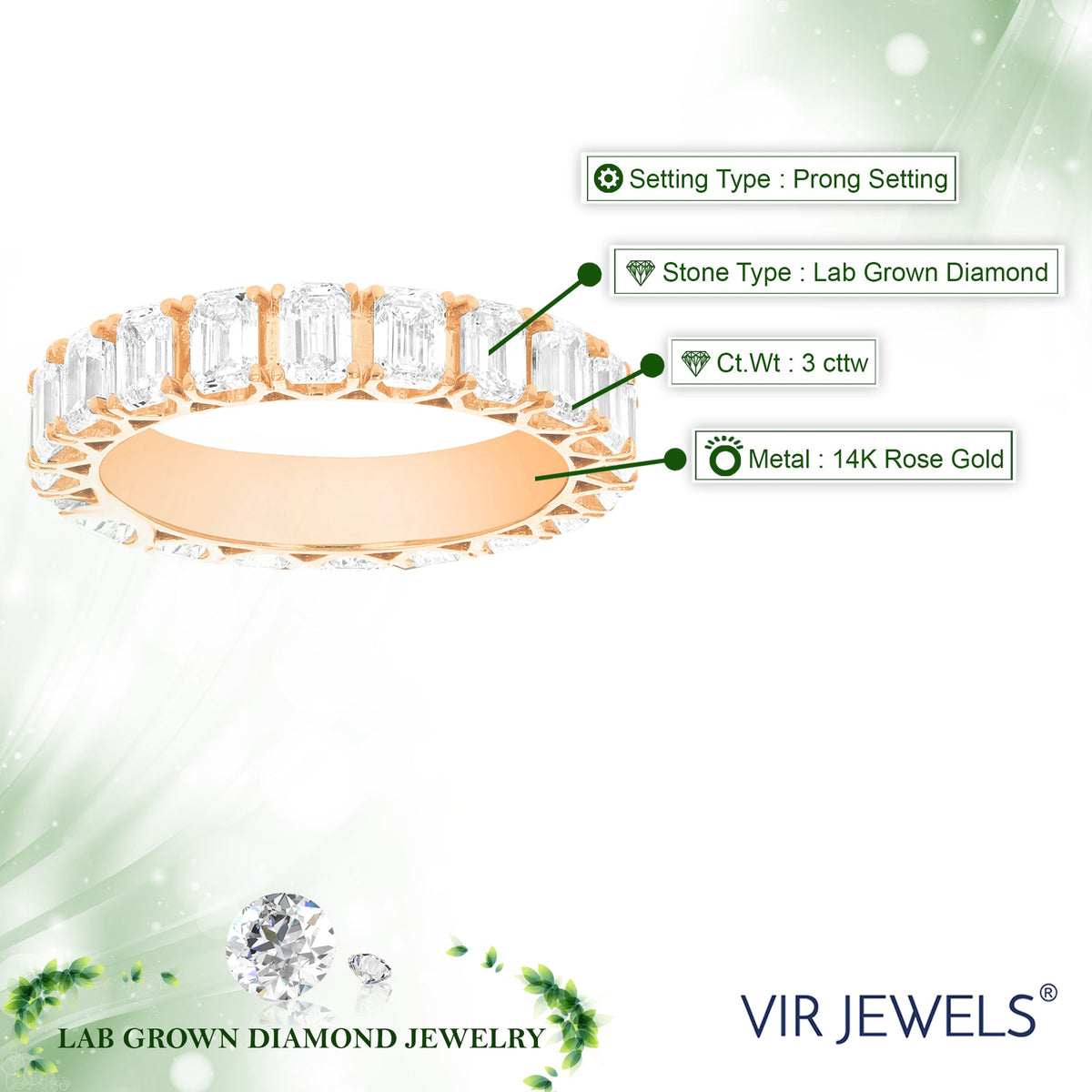 3 cttw Emerald Lab Grown Diamond Eternity Ring Wedding Band in 14K Rose Gold For Women