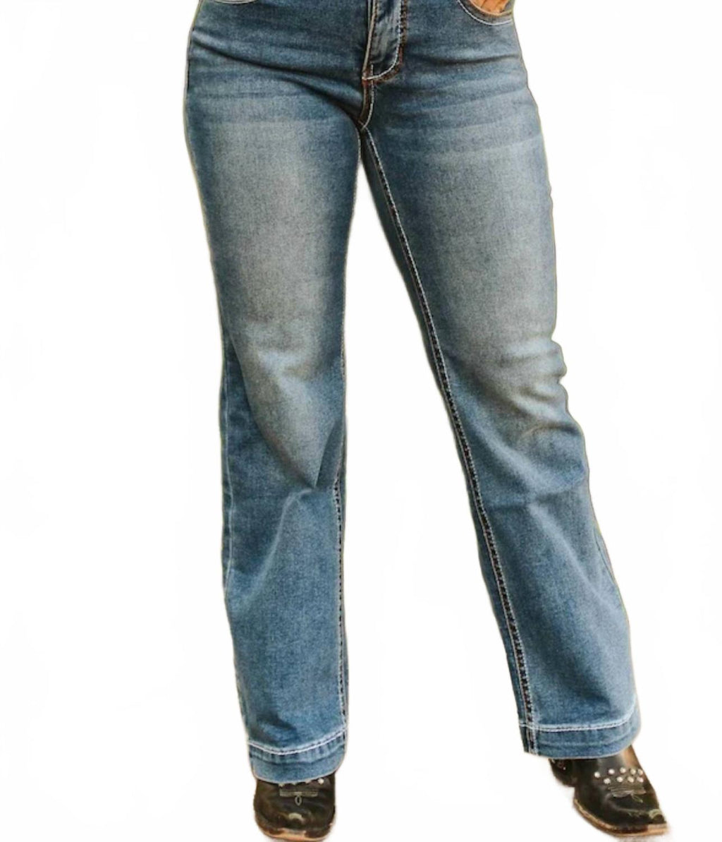Mid Rise Embroidered Pocket Bootcut Jeans In Stone Wash