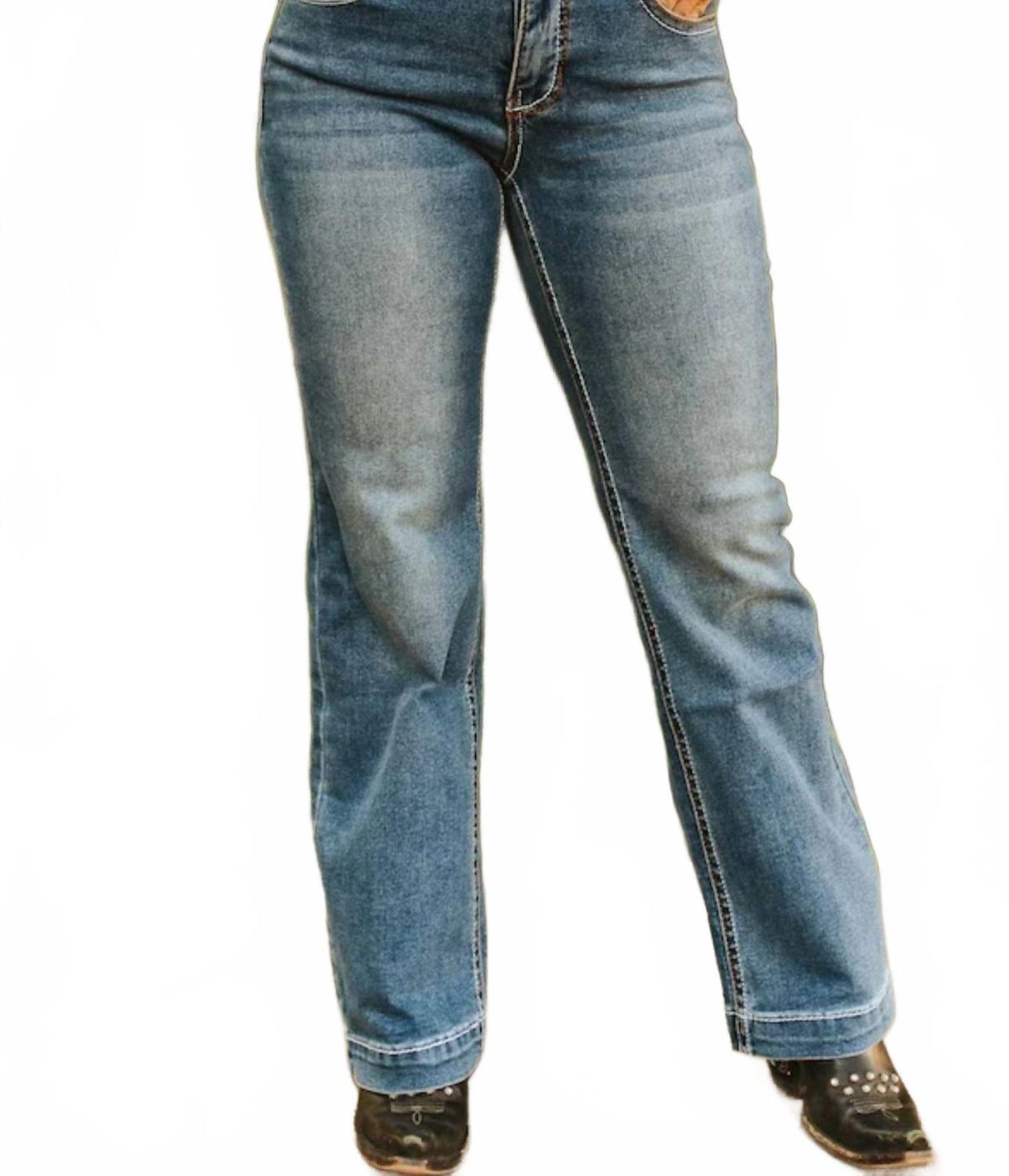 Mid Rise Embroidered Pocket Bootcut Jeans In Stone Wash