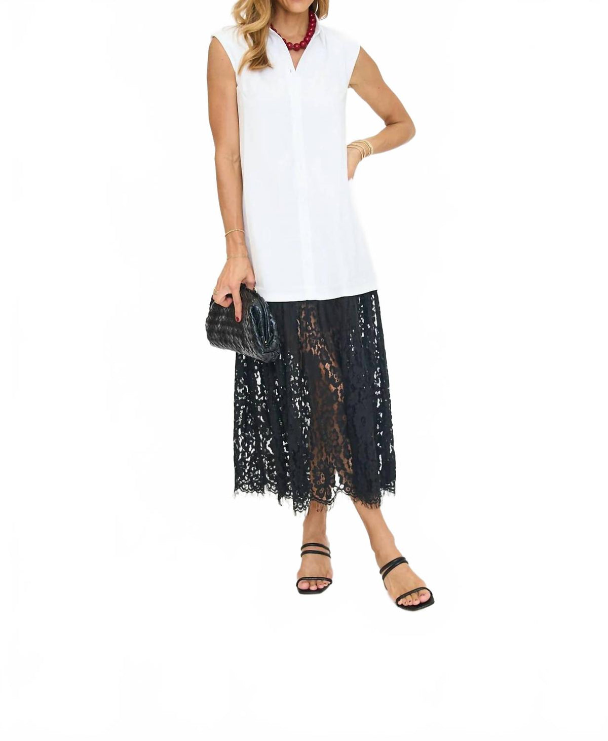 Lace Trim Midi Shirt Dress In White