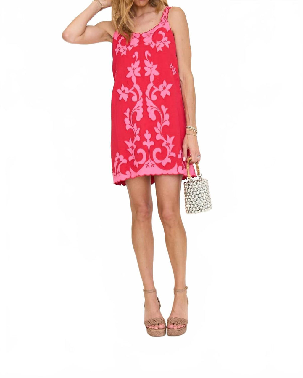 Embroidered Mini Shift Dress In Red/pink