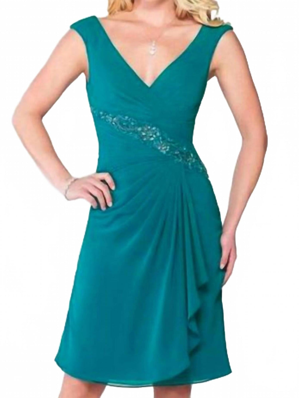 Cap Sleeves Ruched V-Neck Midi Dress In Emerald