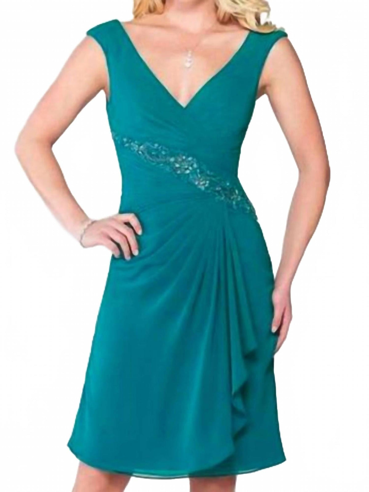 Cap Sleeves Ruched V-Neck Midi Dress In Emerald