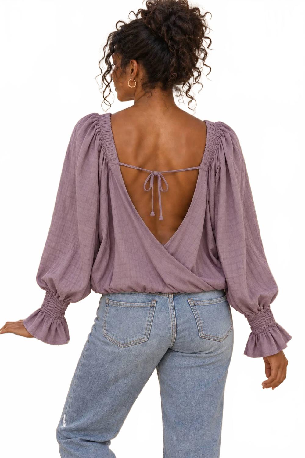 Square Neck Balloon Sleeve Boho Top In Lilac