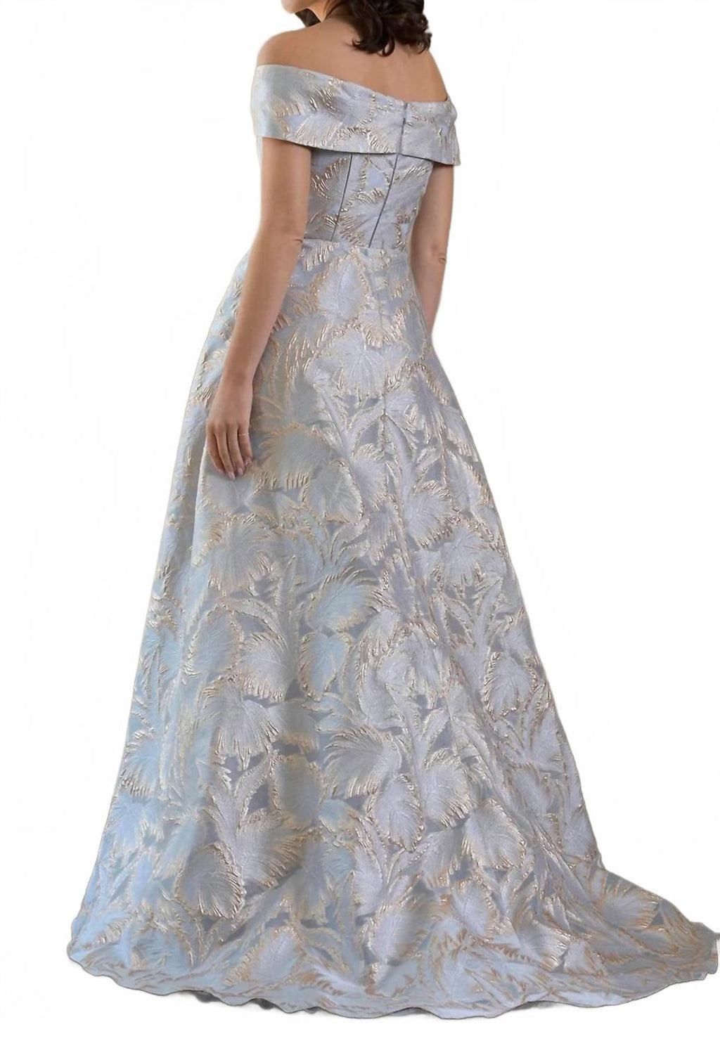 Jacquard Off Shoulder Gown In Gold Blue