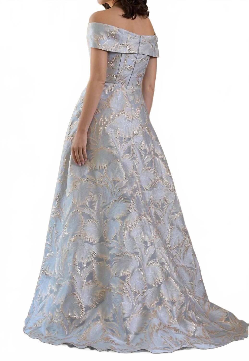 Jacquard Off Shoulder Gown In Gold Blue