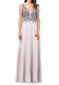 Floral Beaded Bodice A-Line Maxi Dress In Light Mocha