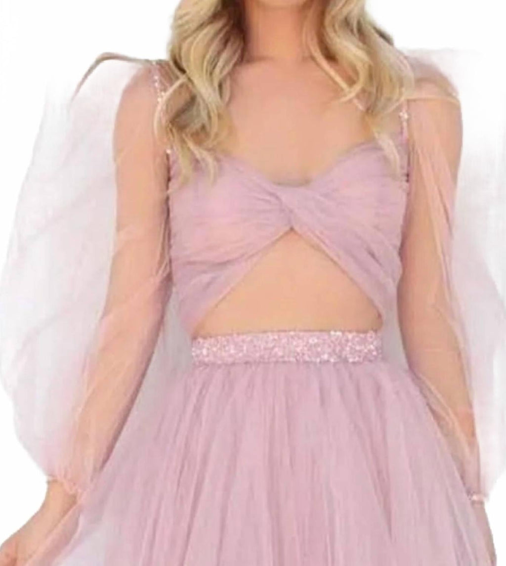 Two-Piece Sheer Bishop Sleeve Prom Gown In Rose
