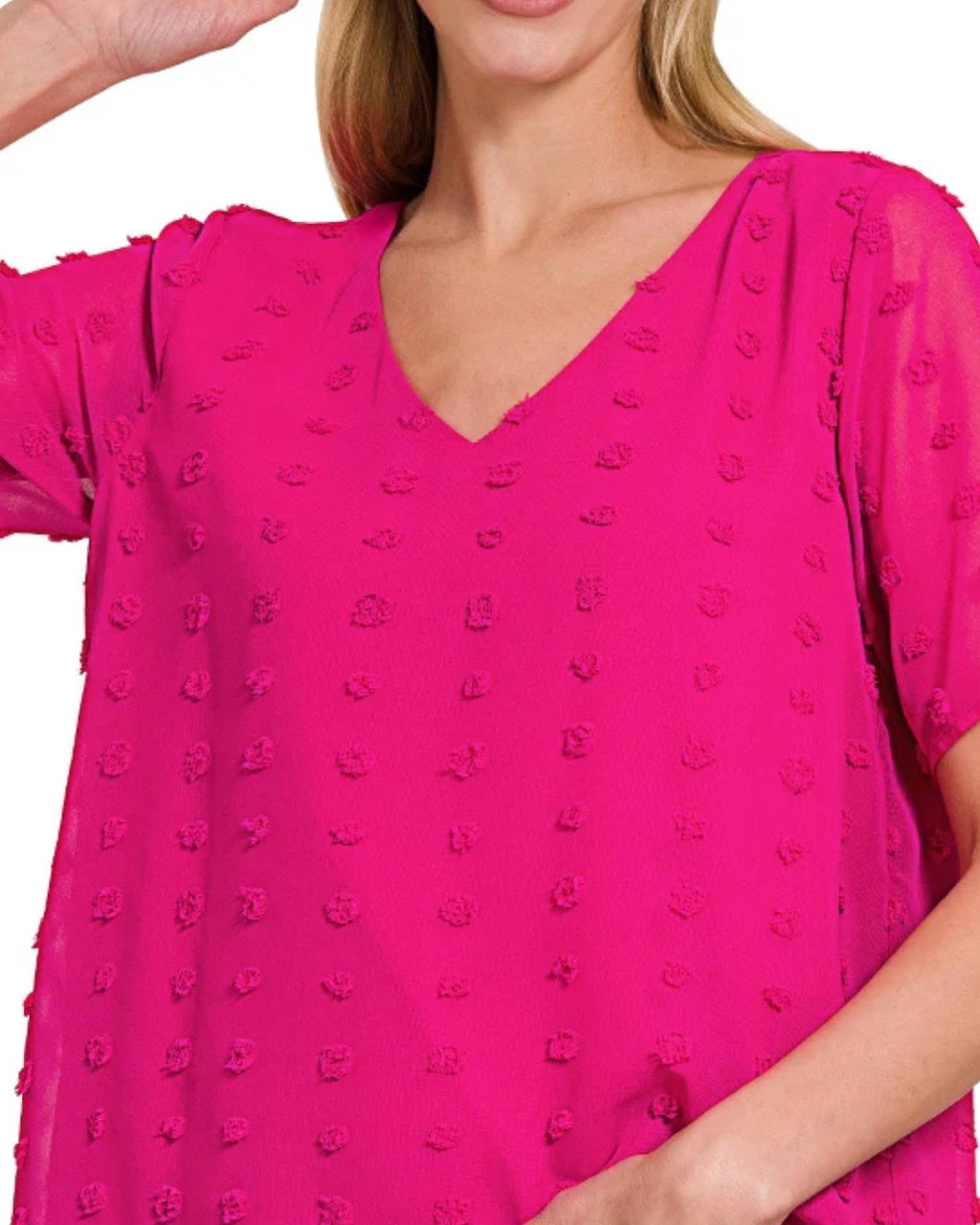 Swiss Dot V-Neck Top In Hot Pink